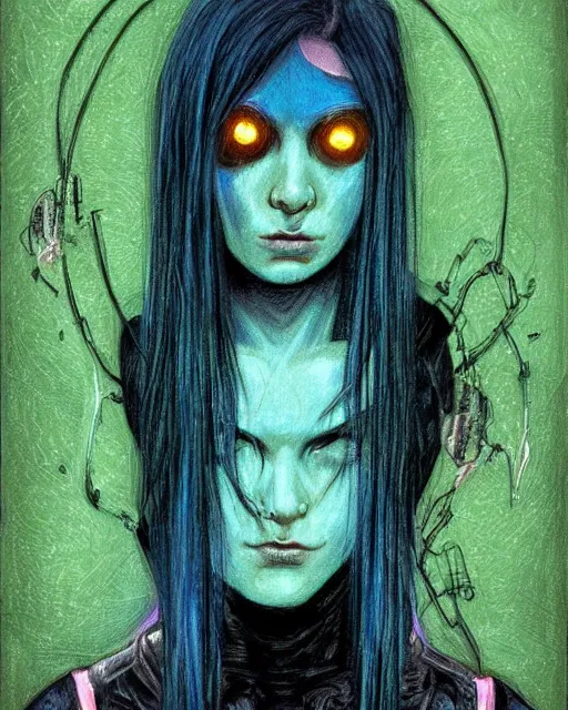 Prompt: blue hair cyborg girl with pale skin in a gloomy hotel room with green neon lights. portrait drawing by enki bilal. art nouveau, neo - gothic, gothic, rich deep moody colors