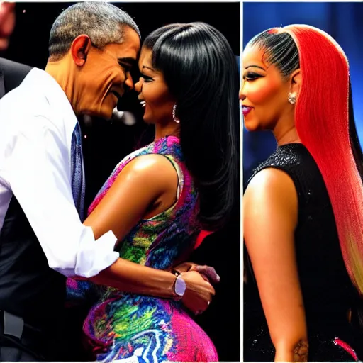 Prompt: barack obama hugging nicki minaj from behind, highly detailed illustration