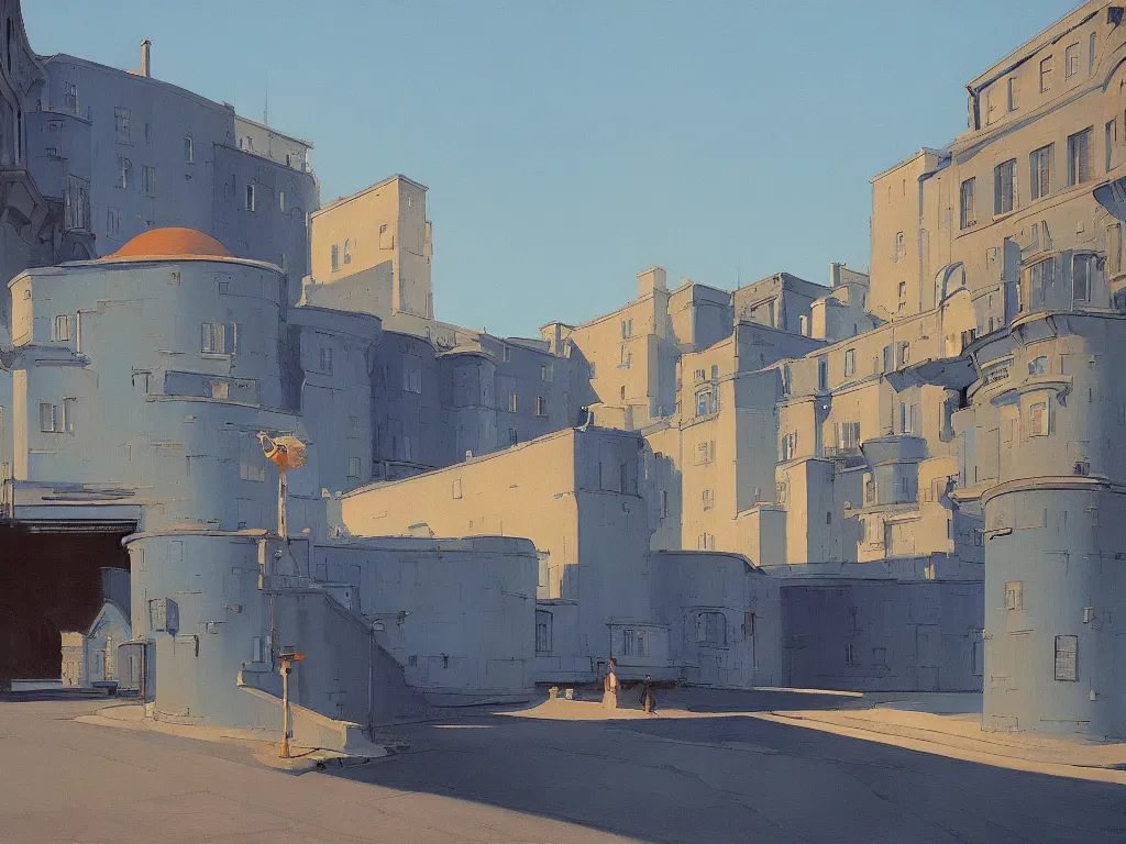 Prompt: wide angle empty serene landscape with blue castle painted by Edward Hopper and Robert McGinnis, intricate, elegant, fantasy, highly detailed, digital painting, concept art, sharp focus, artstation