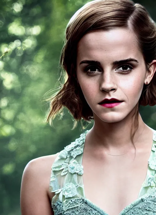 Image similar to Emma Watson for Victorian Secret, summertime, full length shot, XF IQ4, 150MP, 50mm, f/1.4, ISO 200, 1/160s, natural light, Adobe Photoshop, Adobe Lightroom, DxO Photolab, Corel PaintShop Pro, rule of thirds, symmetrical balance, depth layering, polarizing filter, Sense of Depth, AI enhanced