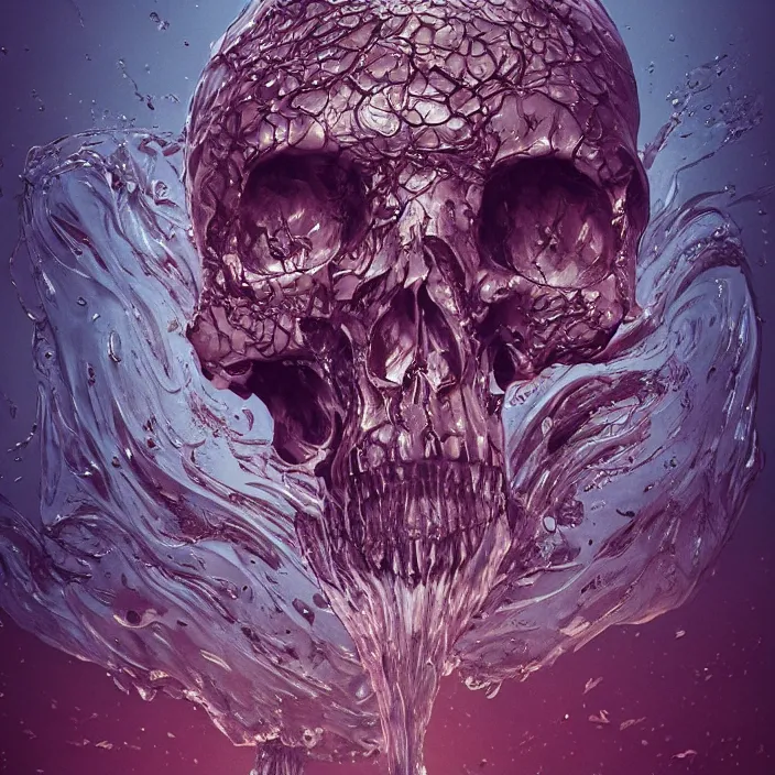 Image similar to a melting-dripping carved human skull. burning distortions. intricate abstract. intricate artwork. by Tooth Wu, wlop, beeple, dan mumford. octane render, trending on artstation, greg rutkowski very coherent symmetrical artwork. cinematic, hyper realism, high detail, octane render, 8k, depth of field, bokeh. iridescent accents