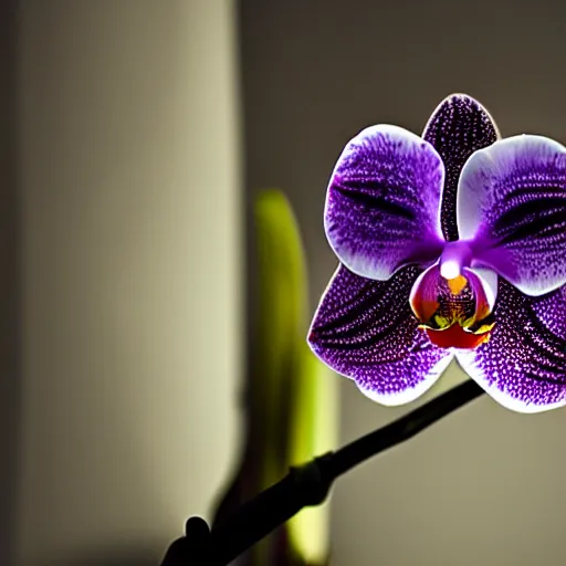 Image similar to an orchid flower made of metal, cybertronic, reflective, glowing