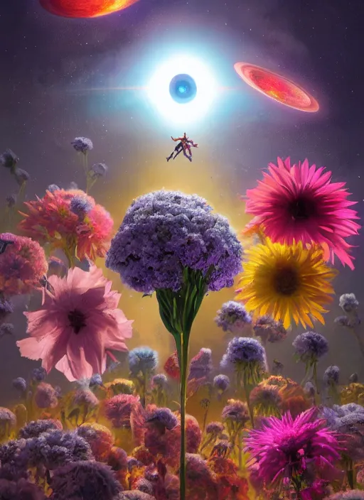 Prompt: An epic fantastic realism comic book style painting of the most beautiful flowers launched into space, bouquets, solar eclipse, fisheye, unreal 5, DAZ, hyperrealistic, octane render, dynamic lighting