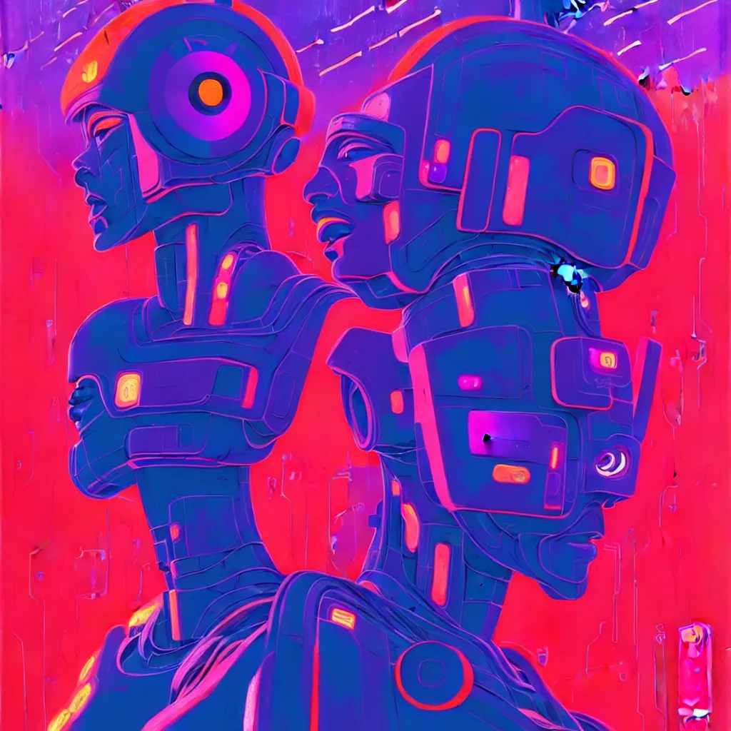 Image similar to a graph - style gouache impasto huge robot head in front of her, cyberpunk art by by james gilleard, cgsociety, retrofuturism, synthwave, retrowave, outrun