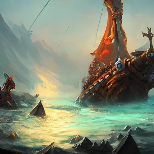 Image similar to arcane style viking battleship, viking spears and axes. spear and axes, sea background, bright art masterpiece artstation. 8 k, sharp high quality artwork in style of greg rutkowski, concept art by tooth wu, blizzard warcraft artwork, hearthstone card artwork