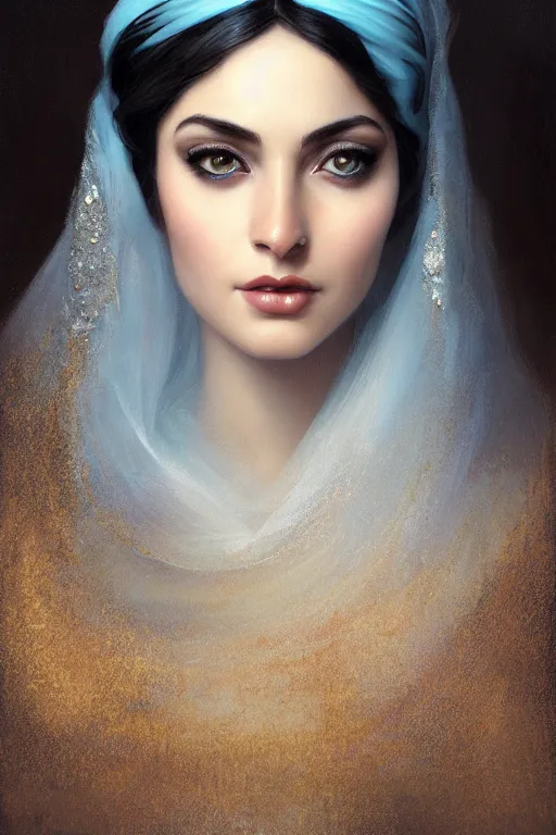 Image similar to ameera al taweel woman , bright blue eyes, wavy black hair, white veil, closeup, cinnamon skin color, elegant, highly detailed, centered, oil painting, artstation, concept art by tom bagshaw