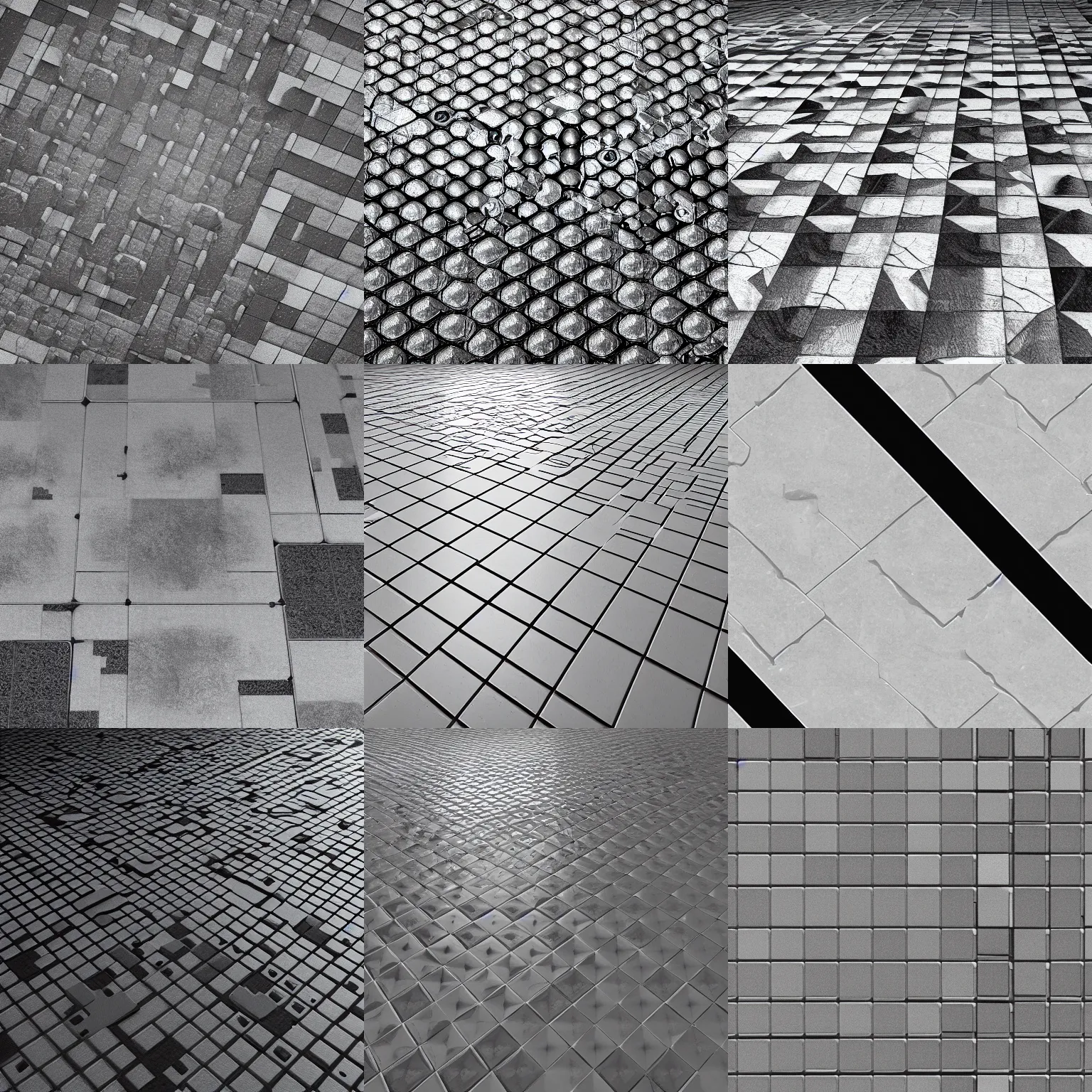 Prompt: 4 k tiled dystopian floor seamless texture, material, shiny, white and black, brutalist, retrofuturism, octane render, pbr, hi - res