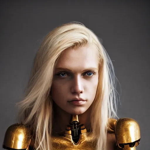 Prompt: a beautiful blond girl with human face and cyborg body standing on top of a pile of sculls, pretty face, perfect face, fine details, 8 k, shallow depth of field, moody lighting, cinematic lighting,