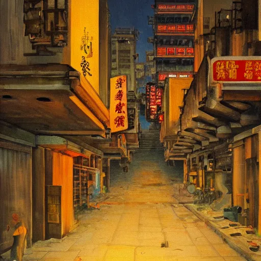 Image similar to Hopper painting of Kowloon Walled City at dusk, looking down canyon-like alley with 5 floors of ramshackle apartments and business on all sides, to the right some light is coming from a ground-floor cafe, where people are drinking tea and talking