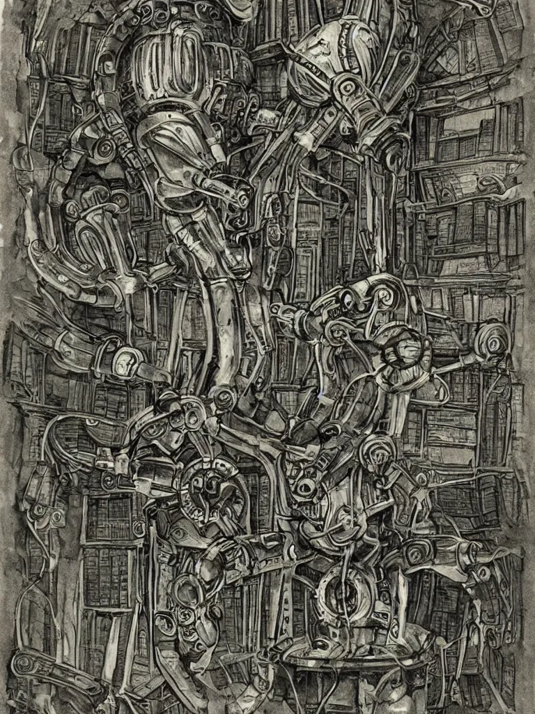 Prompt: an ancient mechanical robot of the elder gods in a mysterious library, very detailed
