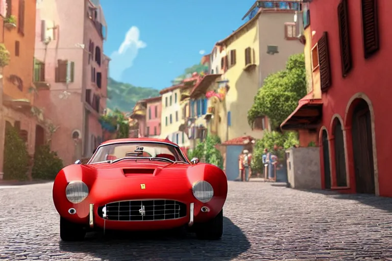 Image similar to a wholesome animation key shot of!! one!! focused!! ferrari 2 5 0 gt!! in beautiful cinque terre italian street, medium shot, studio ghibli, ( pixar ) and disney animation, sharp, very detailed, high resolution, rendered in unreal engine 5, anime key art by greg rutkowski, bloom, dramatic lighting