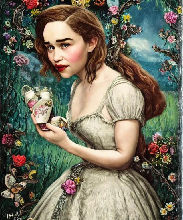 Prompt: portrait of Emilia Clarke in wonderland, lowbrow painting by Mark Ryden