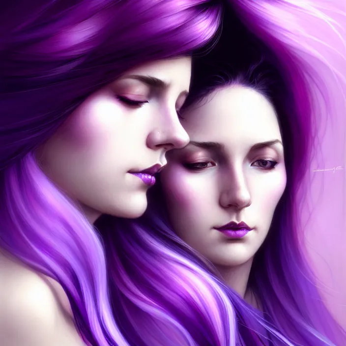 Image similar to Purple hair relistic Portrait of a two woman with bright colored flying hair, all shades of purple. Beauty face, Hair coloring, fantasy, intricate, elegant, highly detailed, digital painting, artstation, concept art, smooth, sharp focus, illustration, art by artgerm and greg rutkowski and alphonse mucha
