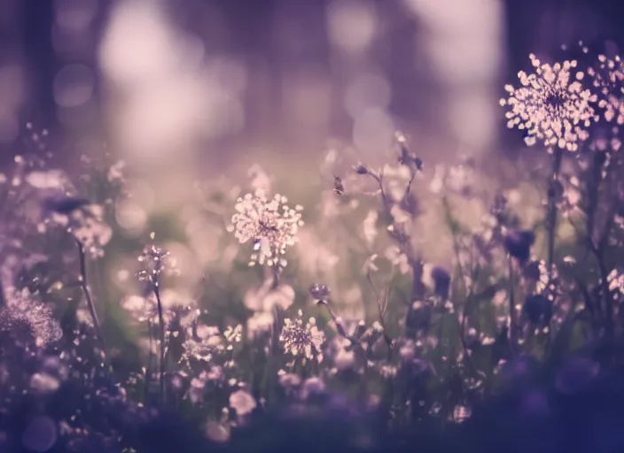 Image similar to a magical forest with delicate flowers that glow in the dusk, macro close up, bokeh,