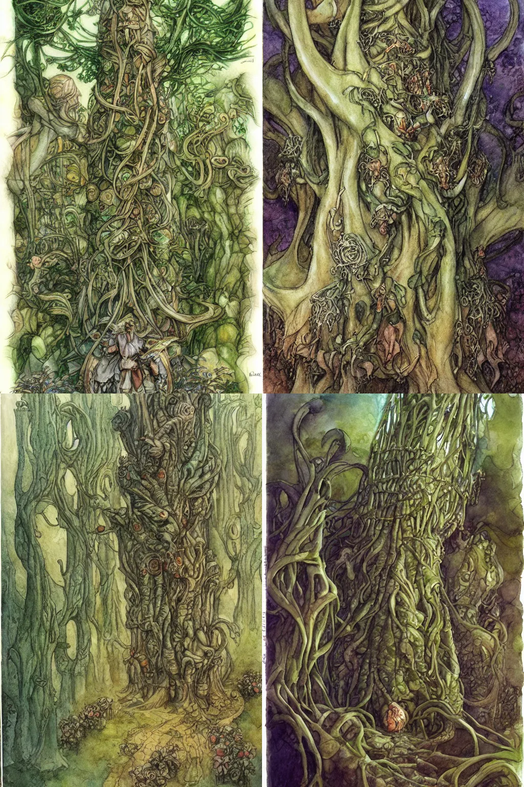 Prompt: an endless giant beanstalk, art by h j ford and warwick globe and brian froud, fantasy book, watercolor illustration