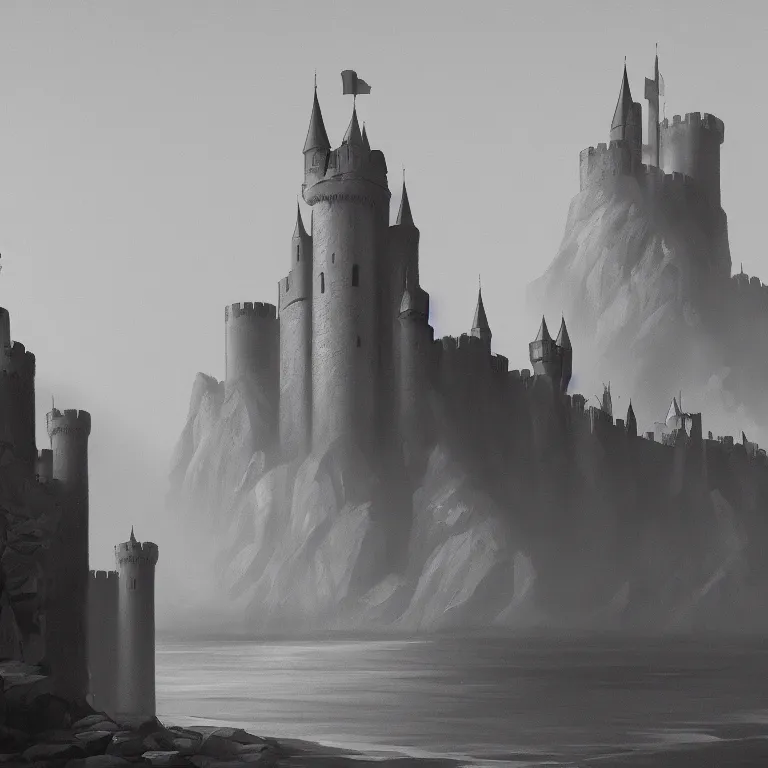 Prompt: large castle with towers by Wayne Barlow and catapults at dawn heading to the iceberg, highly detailed, painted by Edward Hopper, trending on artstation