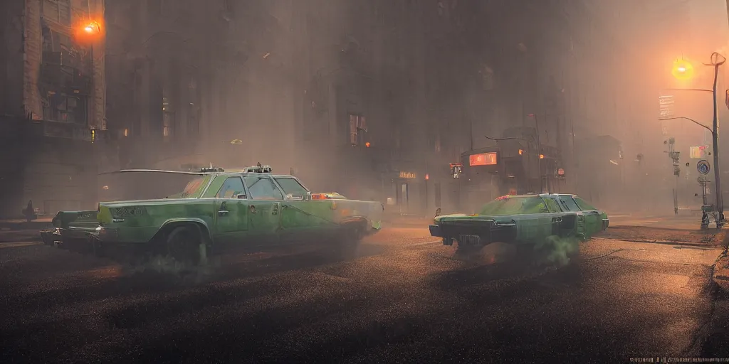 Image similar to parked Ecto-1 from Ghostbusters, fog, rain, volumetric lighting, beautiful, golden hour, sharp focus, ultra detailed, cgsociety