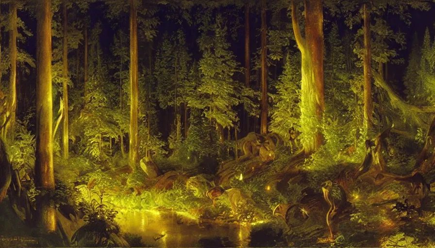 Image similar to disney illustrated background of a fantasy forest at night by eugene von guerard, ivan shishkin, john singer sargent