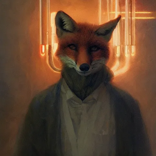 Prompt: fox foxman wearing a doctor outfit holding glowing test tubes by ruan jia, portrait