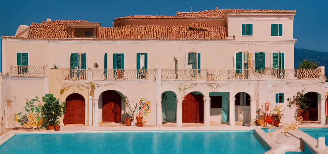 Prompt: large house in greece with multicolored portuguese tiles. photographed by wes anderson. fujinon premista 1 9 - 4 5 mm t 2. 9. portra 8 0 0.