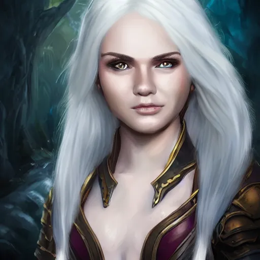 Image similar to fantasy portrait of a female human adventurer with white skin, white hair, white eyes without pupils, slightly - pointed ears, short wavy hair, eyebrow scar, trending on artstation, gentle smile, friendly, warm and welcoming, geode cave background