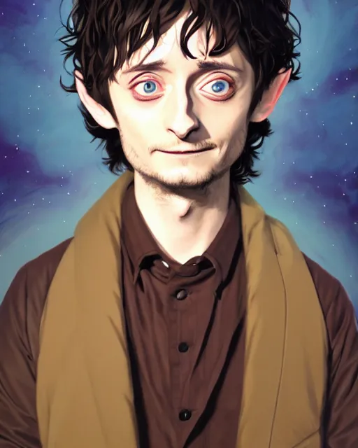 Prompt: portrait Anime joyful Elijah Wood as Hobbit Frodo Baggins; velvet brown jacket, backpack, Shire background || cute-fine-face, pretty face, realistic shaded Perfect face, fine details. Anime. realistic shaded lighting by Ilya Kuvshinov katsuhiro otomo ghost-in-the-shell, magali villeneuve, artgerm, Jeremy Lipkin and Michael Garmash and Rob Rey