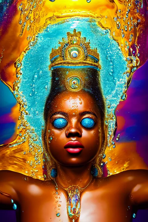 Prompt: hyperrealistic cinematic super expressive! oshun goddess immersed in water!, droplets dripping, gold ornate body jewely, highly detailed face, digital art masterpiece, smooth eric zener cam de leon, dramatic pearlescent turquoise light on one side, low angle uhd 8 k, shallow depth of field