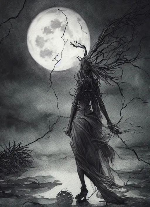 Image similar to witch in front of the full big moon, watercolor, dramatic lighting, cinematic, establishing shot, extremly high detail, foto realistic, cinematic lighting, pen and ink, intricate line drawings, by Yoshitaka Amano, Ruan Jia, Kentaro Miura, Artgerm, post processed, concept art, artstation, matte painting, style by eddie mendoza, raphael lacoste, alex ross