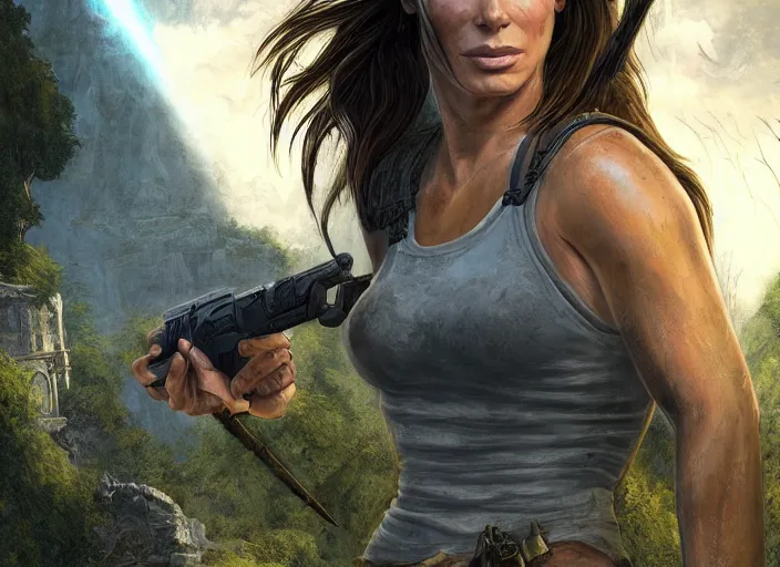 Image similar to face portrait of concentrated young Sandra Bullock as Lara Croft with pig-tails entering an incredible epic ruin, glorious sun beams, intricate, elegant, highly detailed, digital painting, short focus, illustration, Allan Lee, John Howe