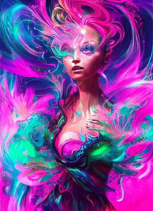 Prompt: psychedelic [ chemiluminescence ] [ [ [ smiling ] ] ] dancing elegant woman chakra spirit with pink hair smoke and fluid dynamics, colorful, psychedelic, ornate, intricate, digital painting, concept art, smooth, sharp focus, illustration, blacklight reacting, art by artgerm and greg rutkowski