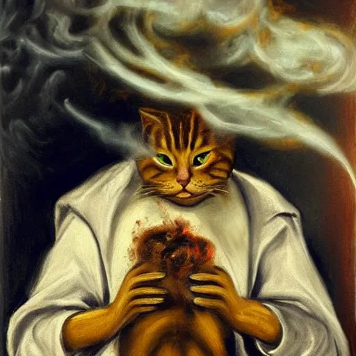 Prompt: garfield the cat vaping fat clouds, painting by el greco