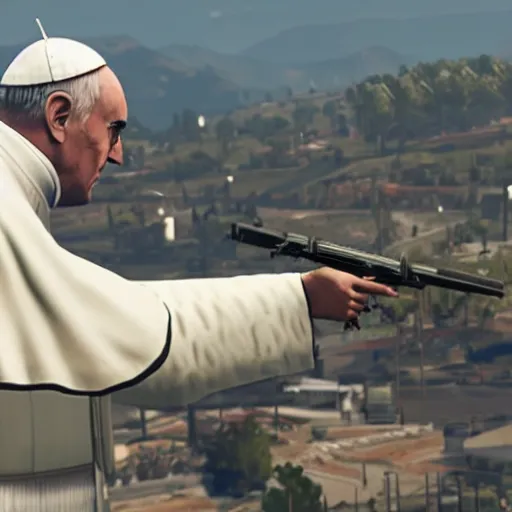 Prompt: the pope shooting a gun as a game character in gta 5, game graphics, game screenshot