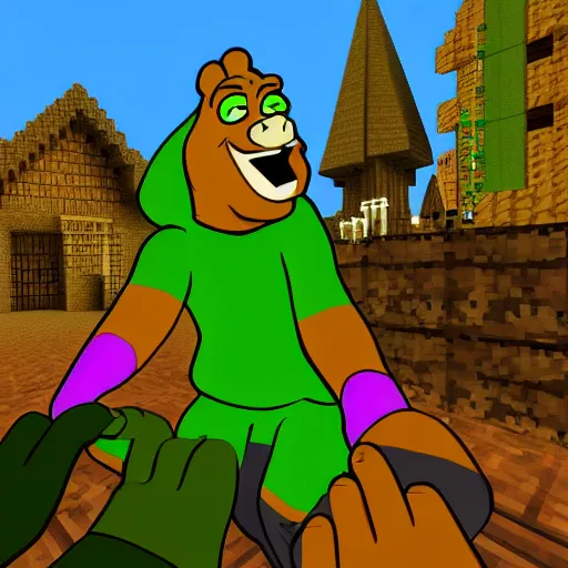 Image similar to scooby doo in minecraft with shrek fight, high detailed, artstation trend
