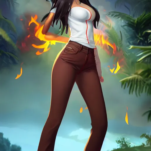 Prompt: nagatoro accurate brown skin color, using white and red tight raglan sleeves, tight blue jeans, in a tropical forest, burning hair glowy fire flames hair in flames hair fire hair, artstation, 3 d ray tracing, lumen, octane render flawless masterpiece concept art professionally post processed by wlop