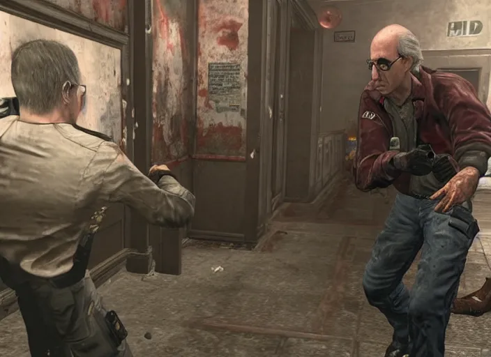 Image similar to video game still of larry david as leon fighting off a zombie in the video game resident evil 2,