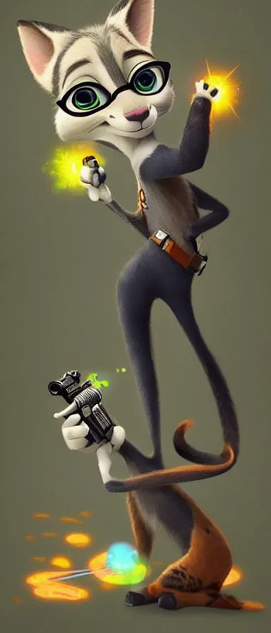 Image similar to “ animal character in the style of zootopia holding laser gun, floating alone, with a black dark background, digital art, award winning, trending on art station ”