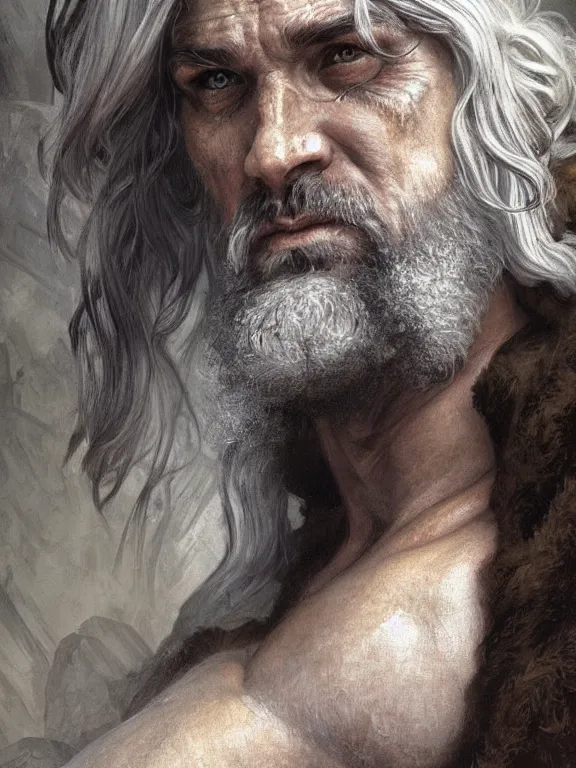 Prompt: ainted portrait of rugged odin, god of war, norse god, white hair, masculine, mature, handsome, upper body, grey and silver, muscular, hairy torso, fantasy, intricate, muscular, elegant, highly detailed, digital painting, artstation, concept art, smooth, sharp focus, illustration, art by gaston bussiere and alphonse mucha