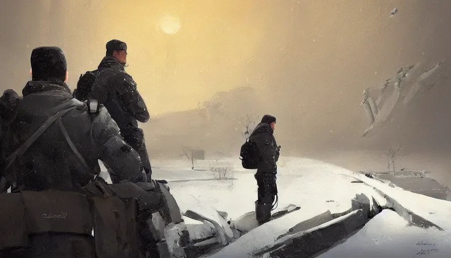 Prompt: a beautiful painting in the style of sergey kolesov of a snowy landscape overlooked by a handsome man in tactical gear fit for a spy, overseeing a large brutalist facility in the distance, award winning art