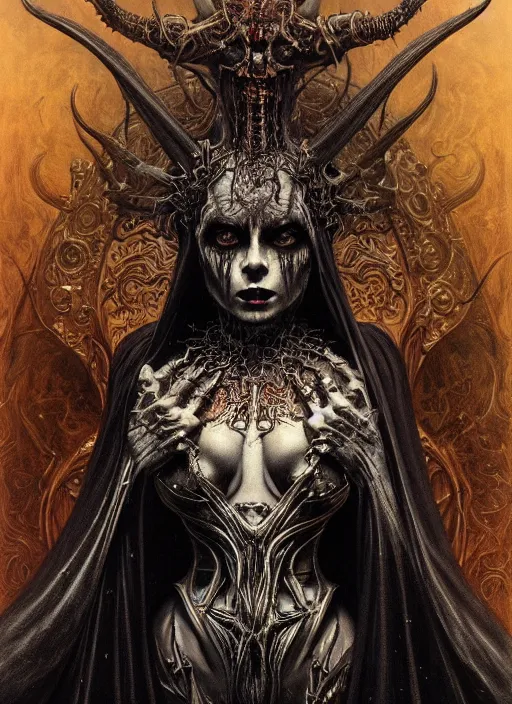 Image similar to masterpiece portrait of an beautiful satanic demon with gothic armor, surrounded by black liquid occult swirls, horror, dramatic lighting, h. r. giger, beksinski, alphonse mucha, artgerm, donato giancola, tom bagshaw, trending on cgsociety, octane render, 8 k