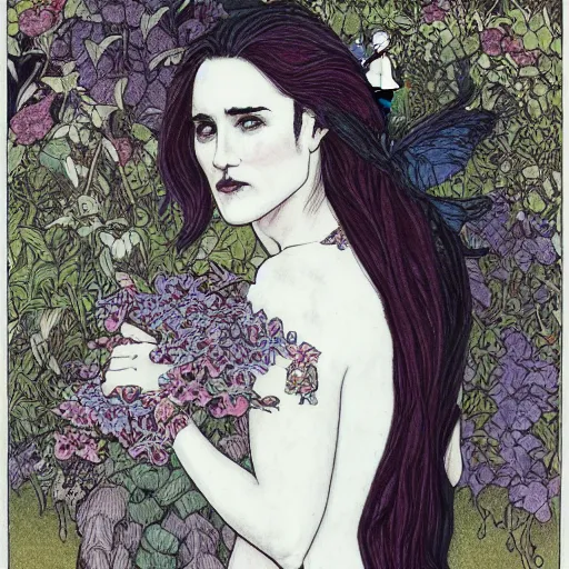 Image similar to stoic heroic emotionless blond butch tomboy woman, standing side by side with taller goth black - haired dark fae jennifer connelly, in love, romantic in romantic garden, mike mignogna, illustration, pen and ink, oil painting, highly detailed, mucha