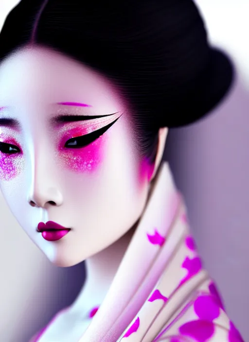 Prompt: Geisha extreme closeup photo portrait, beautiful makeup, pearlescent skin, elegant pose, highly detailed kimono, photorealism, artstation, different point of view, sharp focus, photorealistic, soft diffuse lights, canon 5D 50 mm lens, zen natural background, def of field