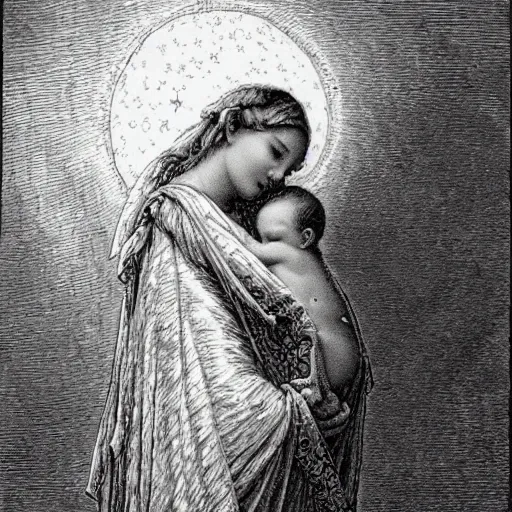 Prompt: a woman knight with a swaddled baby in her arms, style of gustave dore, moon and stars