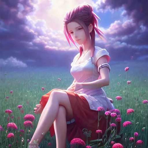 Image similar to aerith from final fantasy 7 by tom bagshaw, sitting in a flower field by ilya kuvshinov, rtx reflections, maya, extreme high intricate hyperrealistic details by wlop, digital anime art by ross tran, medium shot, composition by sana takeda, dramatic lighting by greg rutkowski