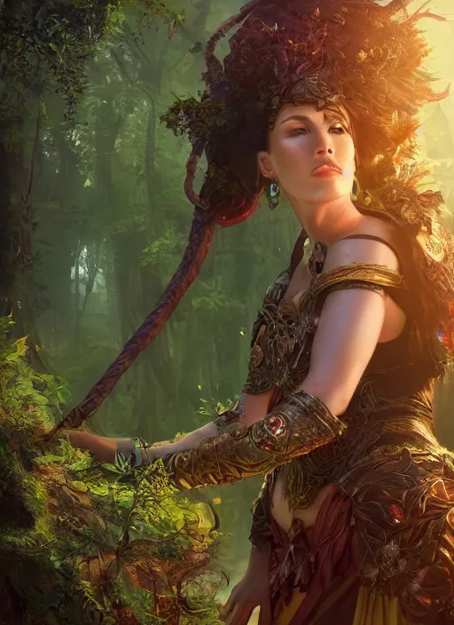 Image similar to Beautiful art portrait of a female fantasy fighter mage in a bright temple surrounded by lush forest, atmospheric lighting, intricate detail, cgsociety, hyperrealistic, octane render, RPG portrait, ambient light, dynamic lighting