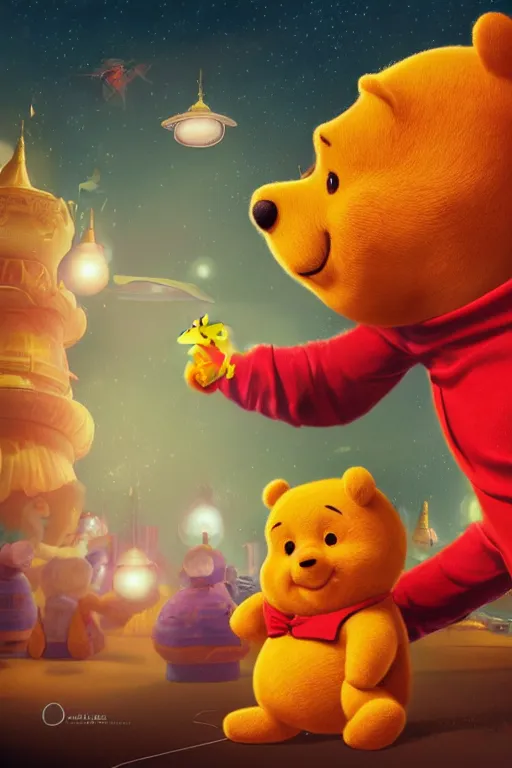 Image similar to portrait of Xi Jinping dressing up as Winnie the Pooh, Xi Jinping, rule of thirds, captivating glowing lights, Beijing setting, on interstellar space, photo realistic by Yaşar VURDEM , artstation, unreal engine, character concept art by Moebius, high quality printing