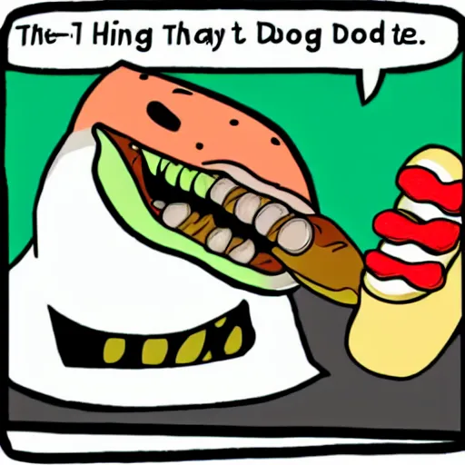 Image similar to a cartoon t - rex eating a hot dog