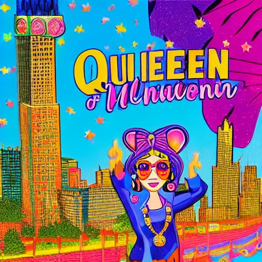 Image similar to queen of michigan invades chicago, illustrated by lisa frank, wide angle, scenic, radiant