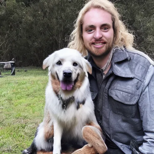 Prompt: photo of hillbilly with long blonde hair and his australian shepherd dog around a bonfire, gray and black dog coat, symmetric face