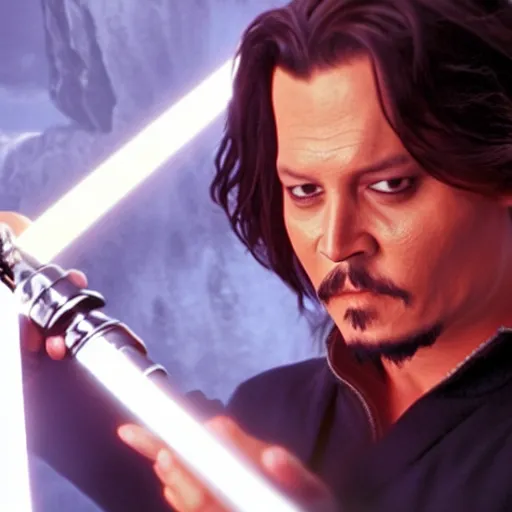 Image similar to Jedi Master (Johnny Depp) wielding a golden lightsaber 8k hdr