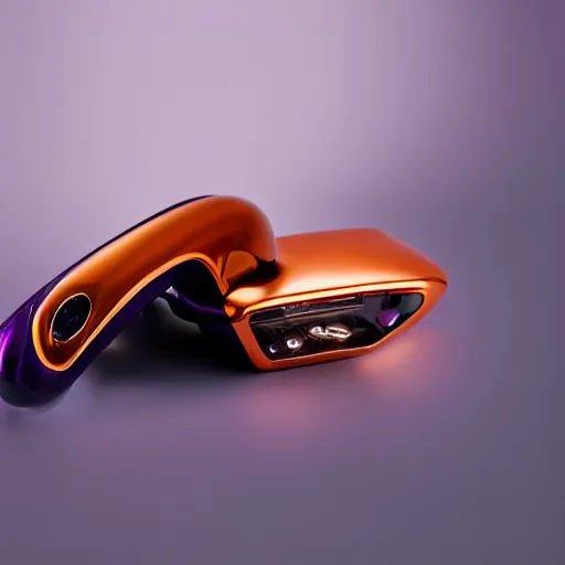 Image similar to award winning product photography, 3 5 mm lens, of a glossy orange metallic and shiny purple metallic shiny ergonomic hololens as off bugatti cheyvron, holographic display lenses, studio lighting,